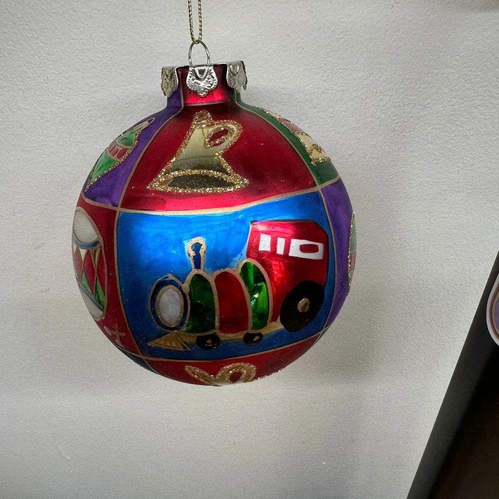 Hand Painted Glass Christmas‎ Patchwork Ornament Multi Color Glitter Train Bell